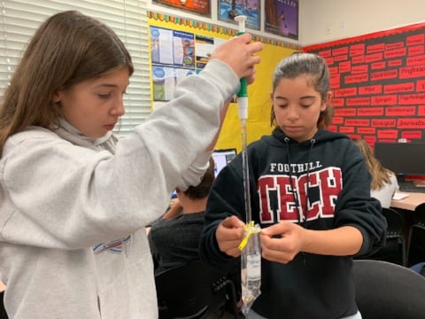 Two young volunteers testing water samples. 